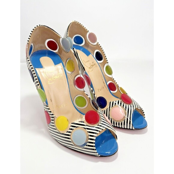 Christian Louboutin Lady Bug Heels Navy/White Stripes Bright Polka Dots Sz 35.5 - Picture 2 of 16